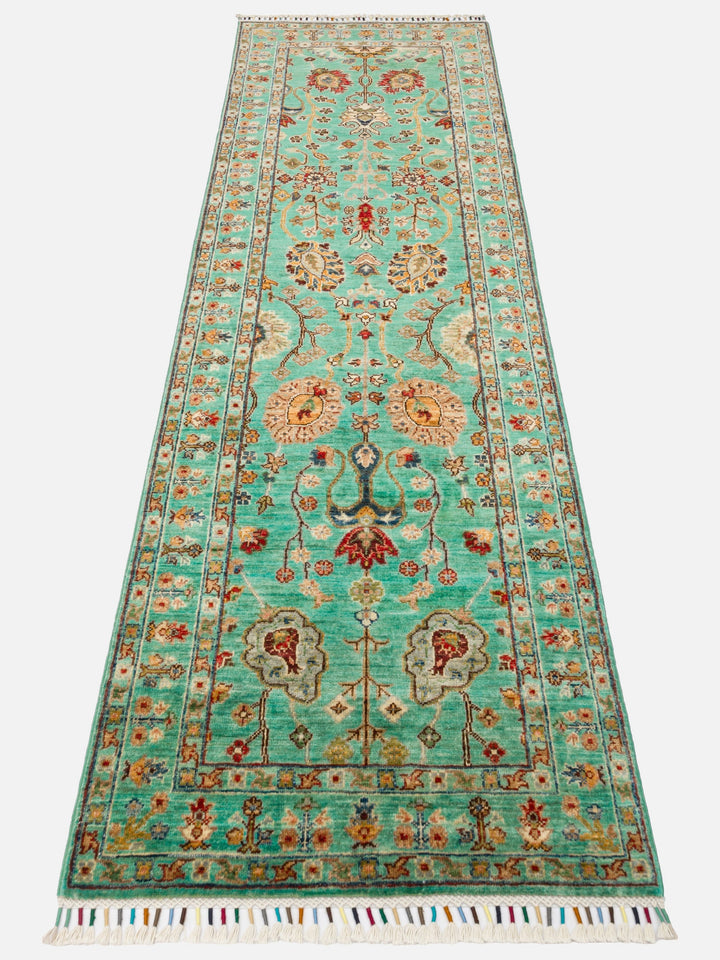 El dokuma Afgan halı turkuaz bitkisel desen 81x251 cm