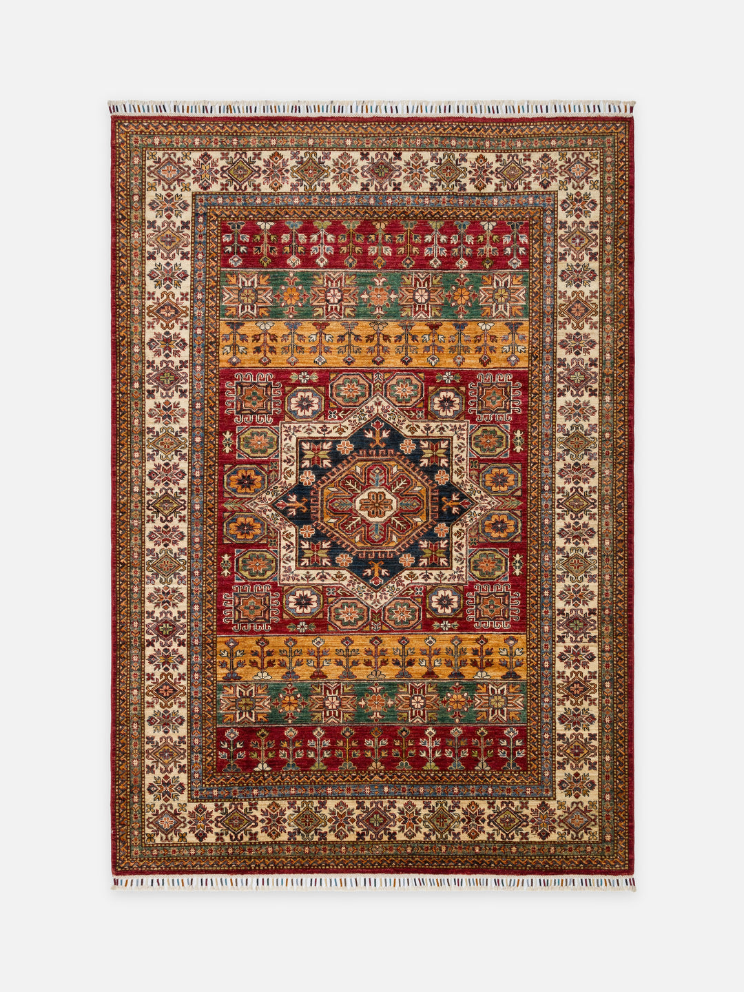 El dokuma Afgan Kazak halı kırmızı geometrik madalyon 171 x 244 cm kuşbakışı