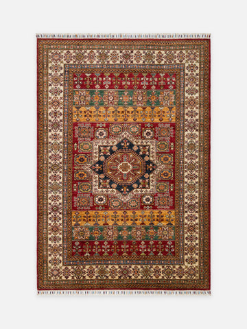 El dokuma Afgan Kazak halı kırmızı geometrik madalyon 171 x 244 cm kuşbakışı