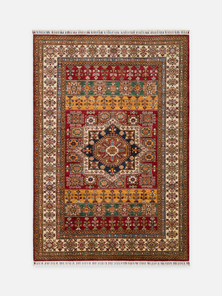 El dokuma Afgan Kazak halı kırmızı geometrik madalyon 171 x 244 cm kuşbakışı