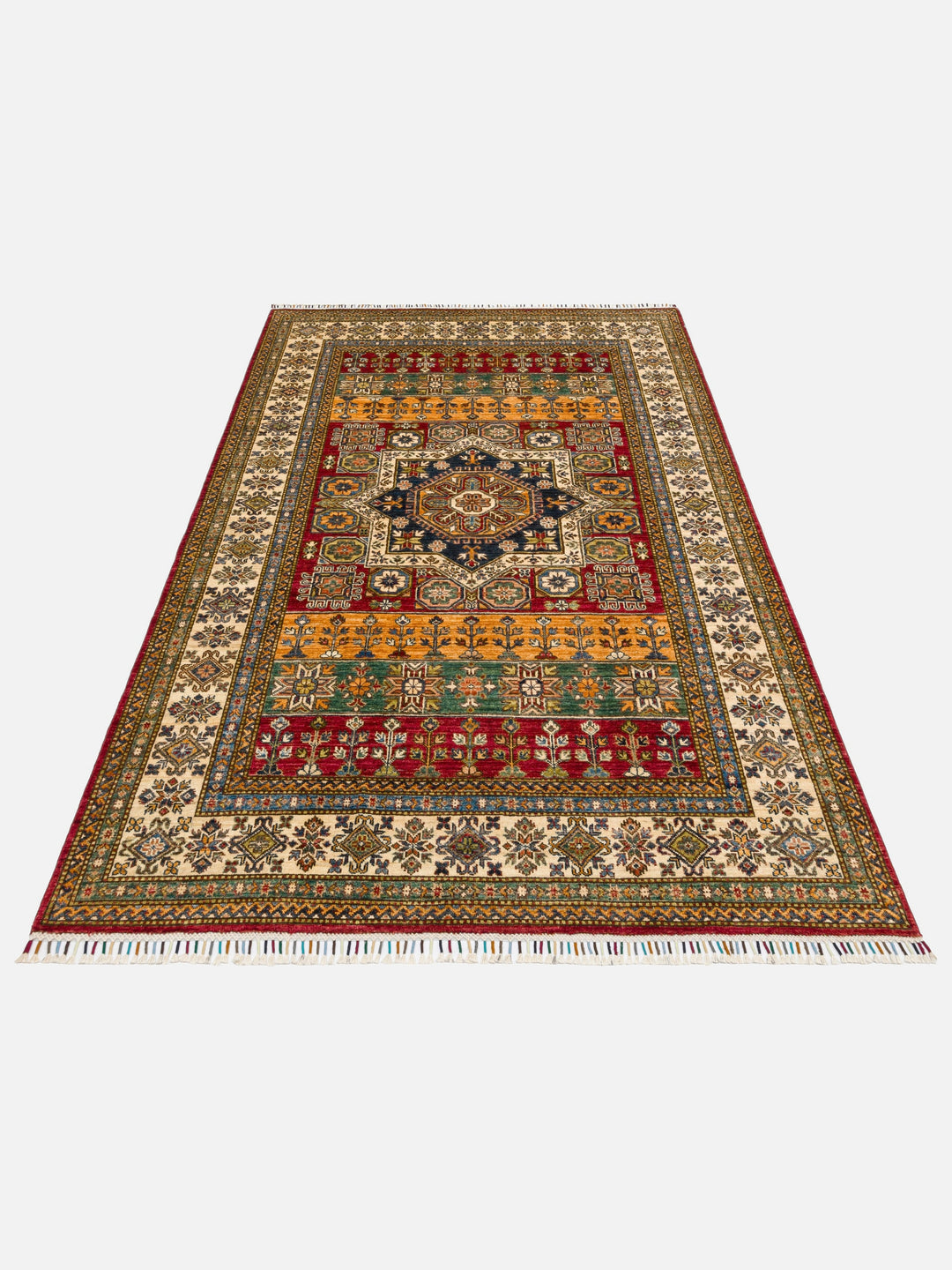El dokuma Afgan Kazak halı kırmızı geometrik madalyon 171 x 244 cm stüdyo
