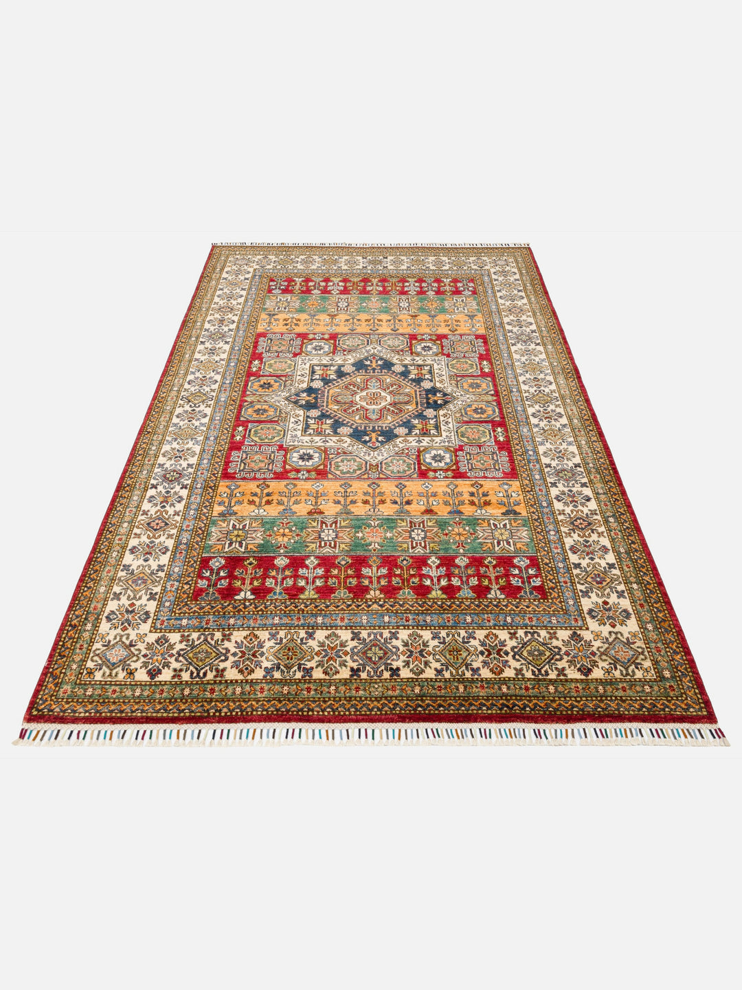 El dokuma Afgan Kazak halı kırmızı geometrik madalyon 171 x 244 cm stüdyo