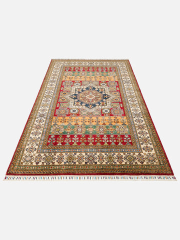 El dokuma Afgan Kazak halı kırmızı geometrik madalyon 171 x 244 cm stüdyo