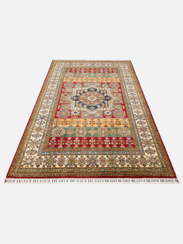 El dokuma Afgan Kazak halı kırmızı geometrik madalyon 171 x 244 cm stüdyo