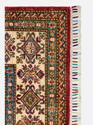 El dokuma Afgan Kazak halı kırmızı geometrik madalyon 171 x 244 cm detay