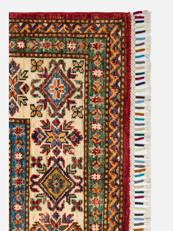 El dokuma Afgan Kazak halı kırmızı geometrik madalyon 171 x 244 cm detay