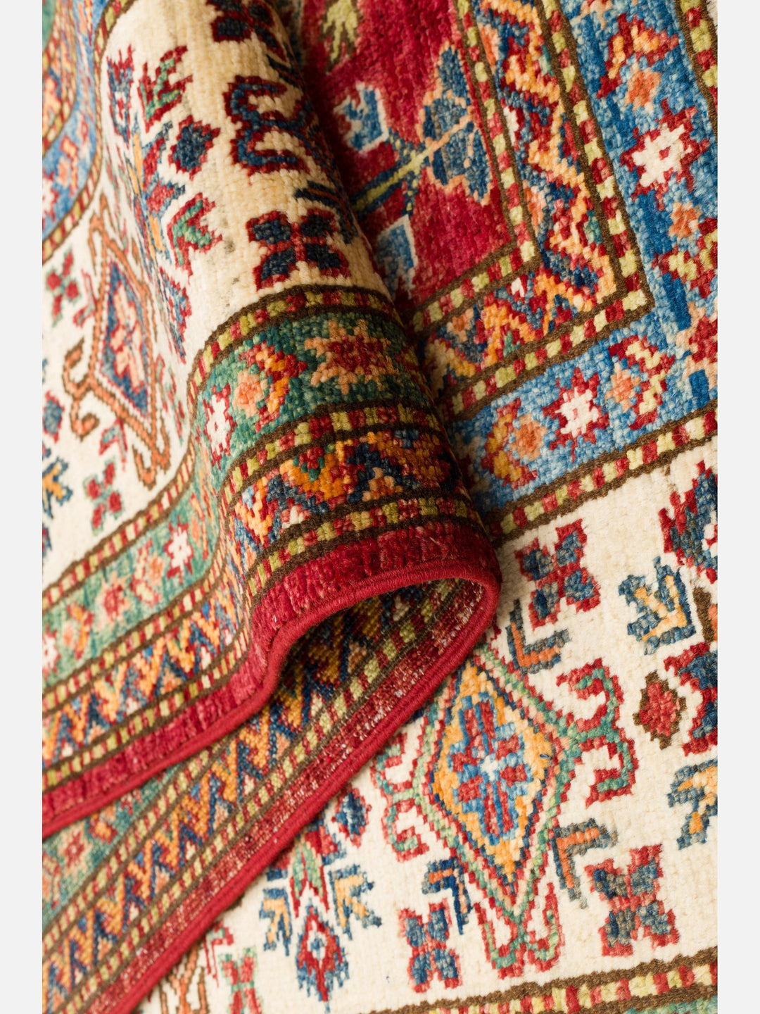 El dokuma Afgan Kazak halı kırmızı geometrik madalyon 171 x 244 cm arka yüz