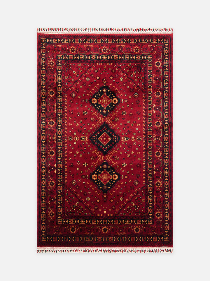 Kabil Afgan Desenli El Emeğiyle Özel Tezgahlarda Üretilen TENCEL™ Uşak Halısı 961 RED - Carpetdocia - kusbakisi