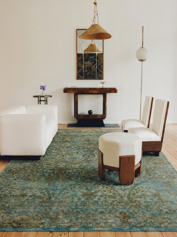 Handwoven Rug One Piece Wool and Silk Jaipur Lacuna Modern Overdyed Living Room Antique Sky Blue