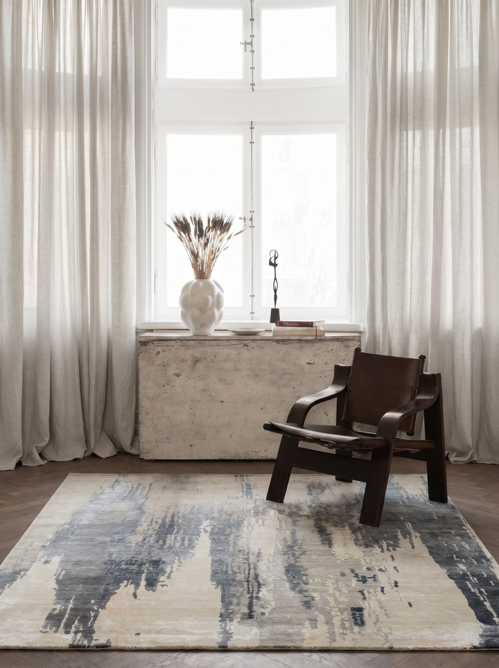 Handwoven Rug One Piece Wool and Silk Jaipur Modern Abstract Pattern Living Room Cream Gray