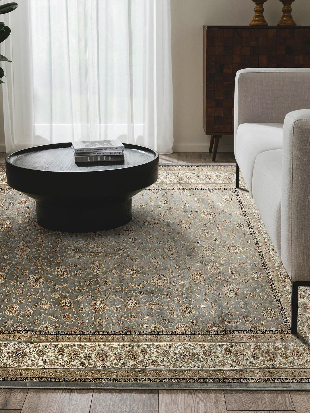Topkapı Serisi Yüksek Kalite Sık Dokuma Klasik Desenli Özel Işıltılı Salon Halısı 03 GREY CREAM - Carpetdocia
